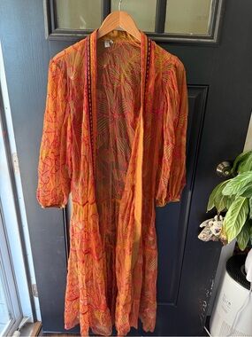 Anthropology Bl-nk orange and pink embroidered tulle duster kimono cardigan.